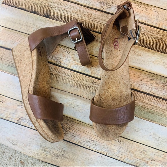 UGG Shoes - UGG brown leather wedge sandals fringe tassel 10